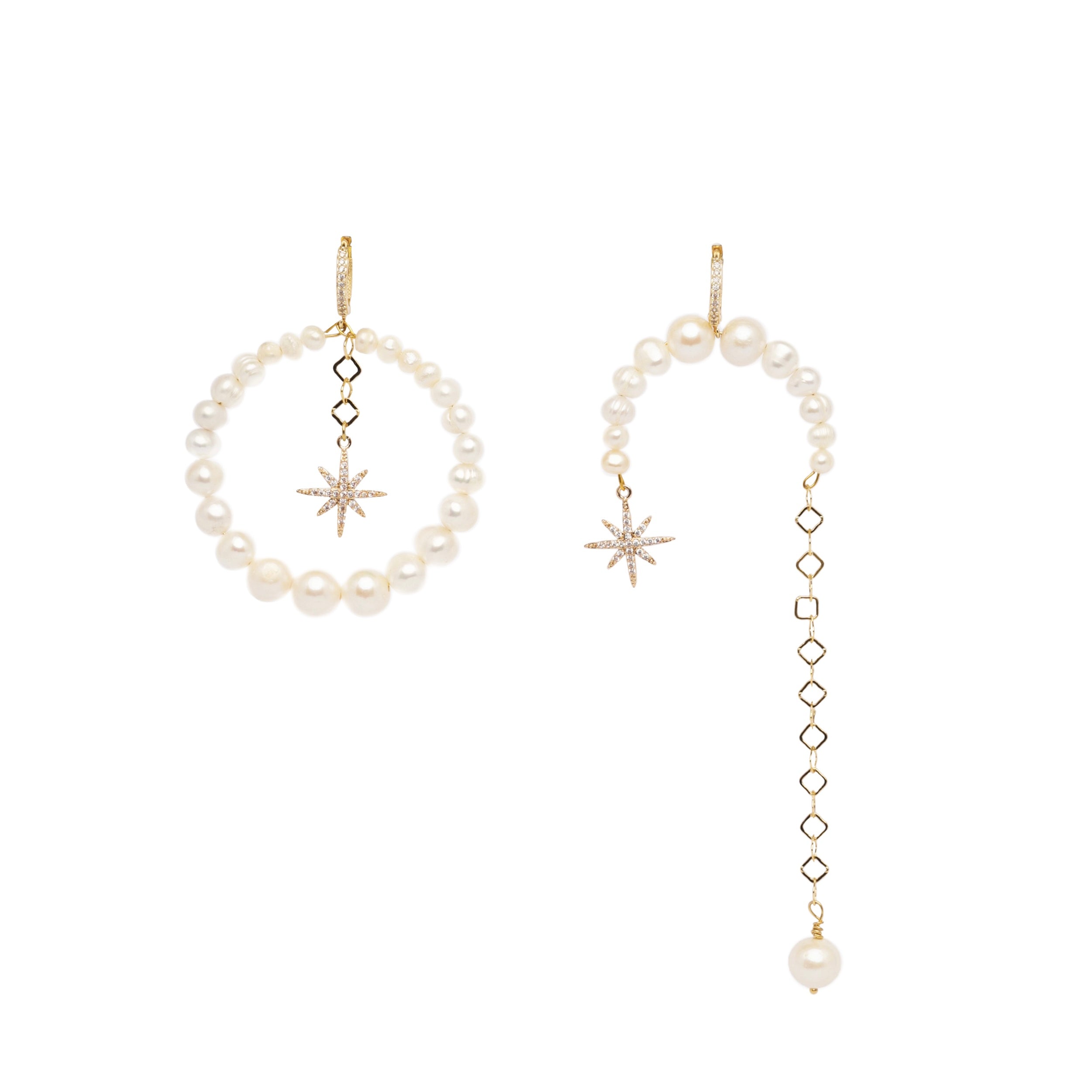 Asymmetrical Pearls Earrings with - Morning Star - Gold | Beauty Matters