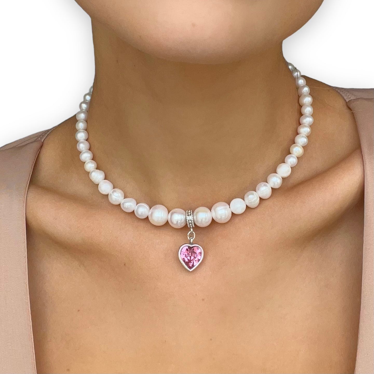 Pearls Choker with Pink Heart Silver | Beauty Matters