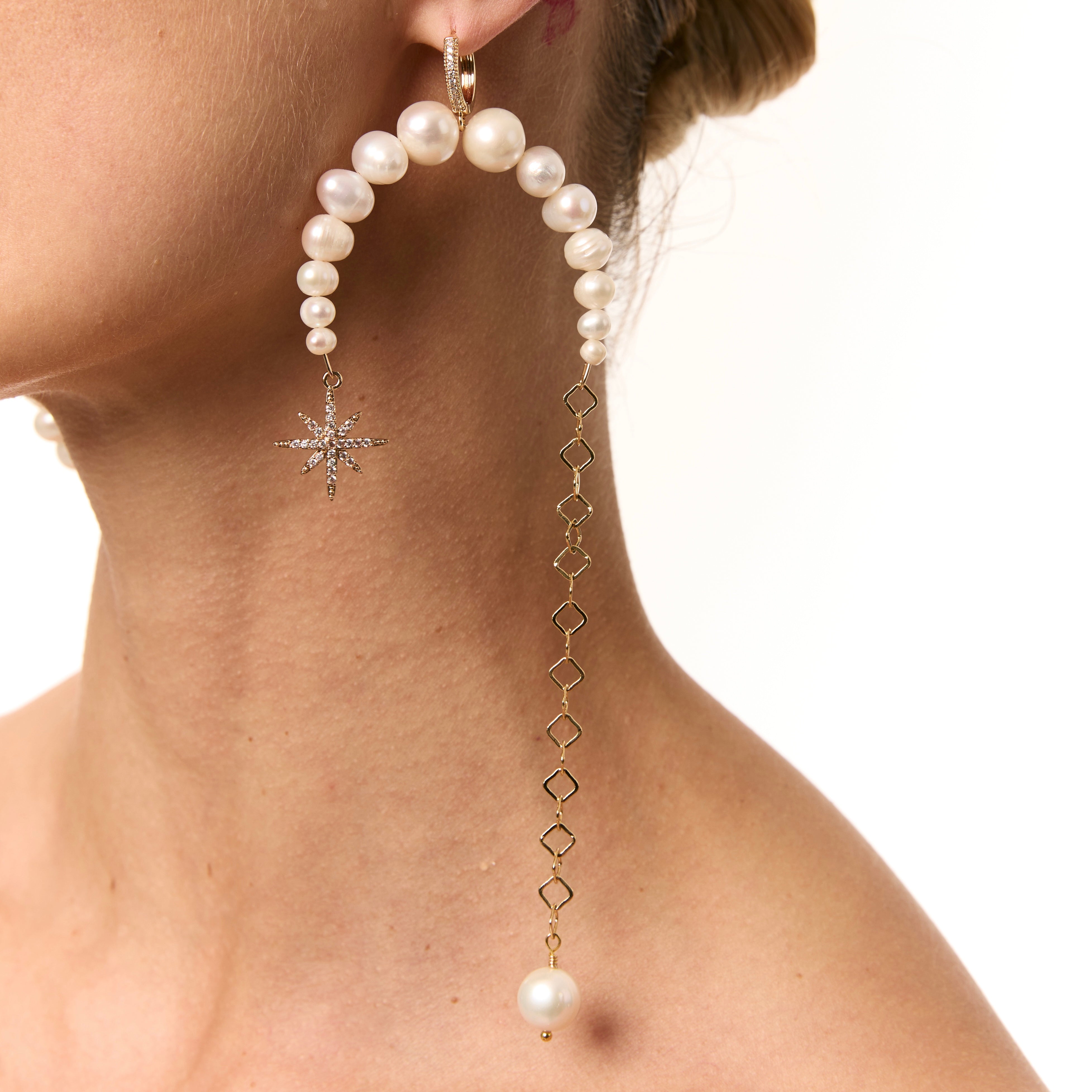 Asymmetrical Pearls Earrings with "Morning Star" Gold | Beauty Matters