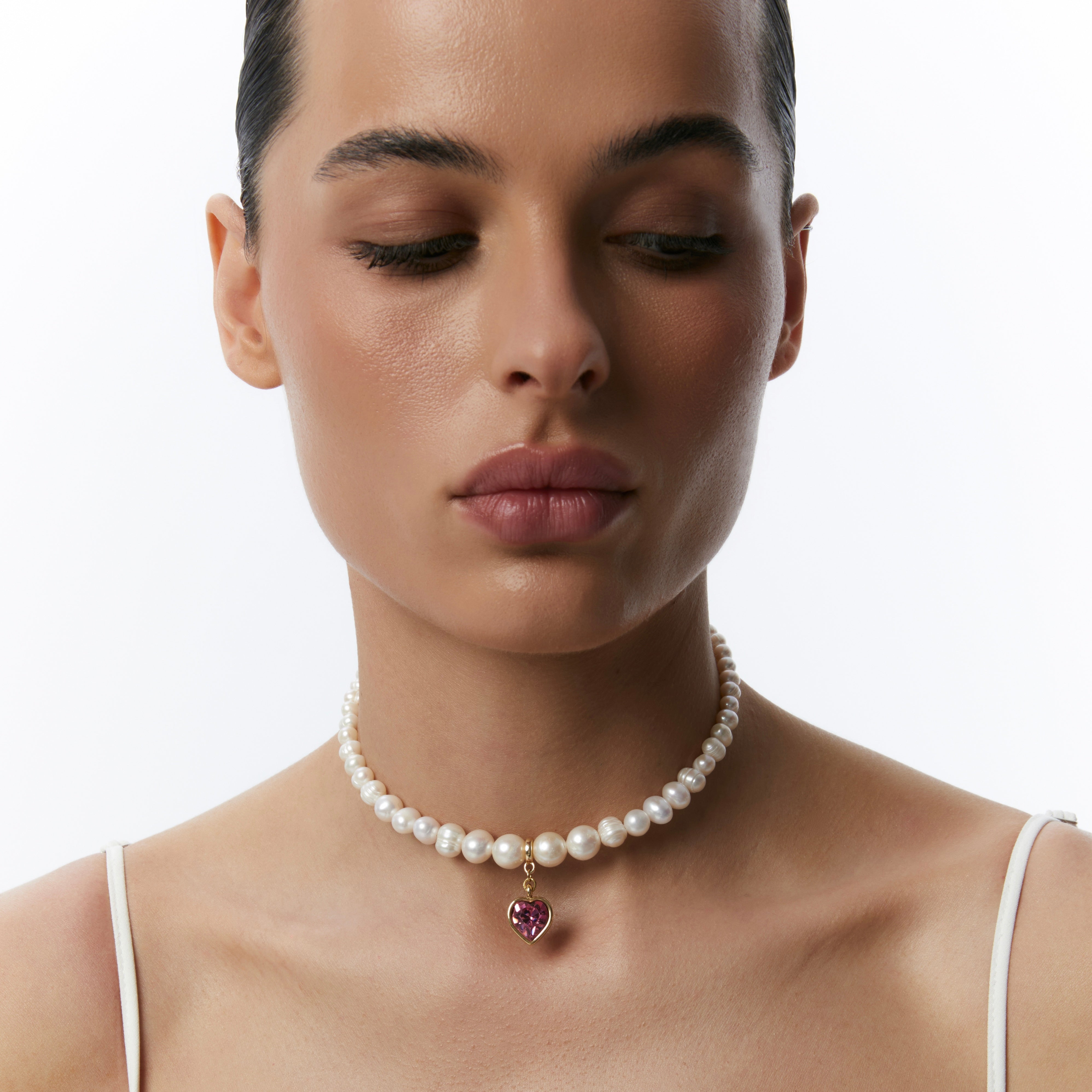 Pearls Choker with Pink Heart Gold | Beauty Matters