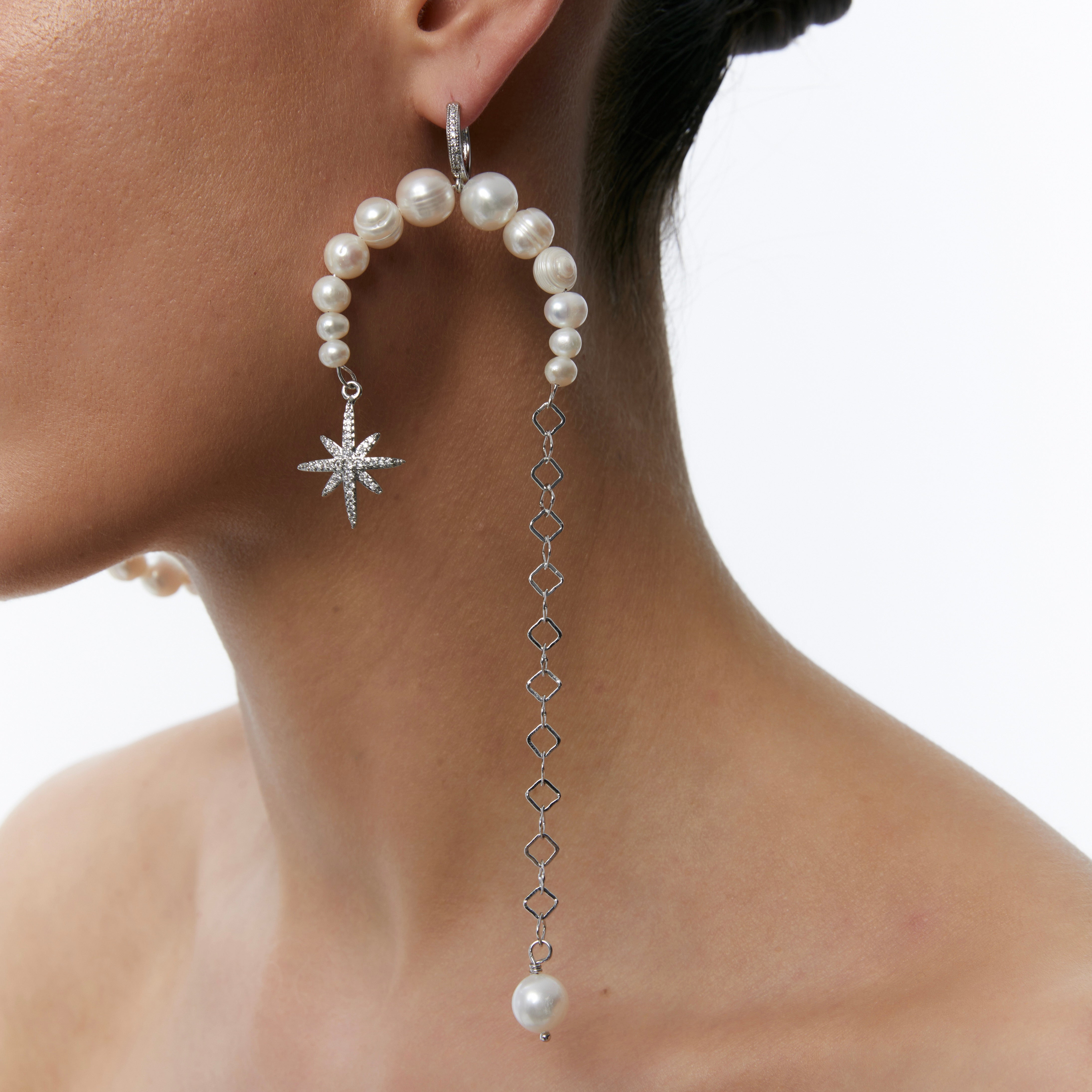 Asymmetrical Pearls Earrings with "Morning Star" Silver | Beauty Matters