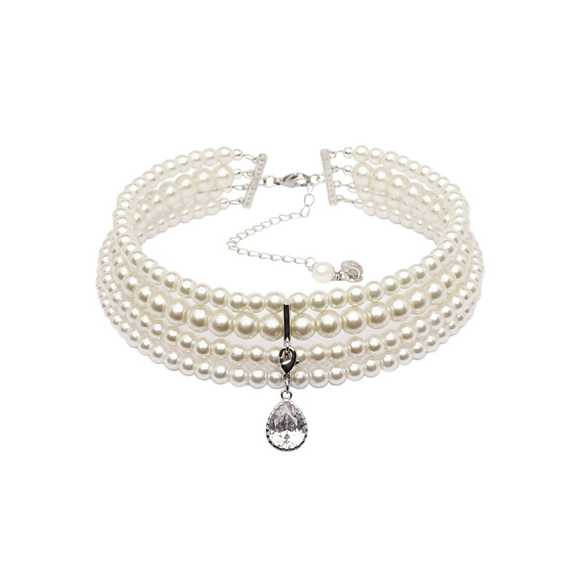 Anna - Natural Pearls Choker with Drop Crystal Silver | Beauty Matters