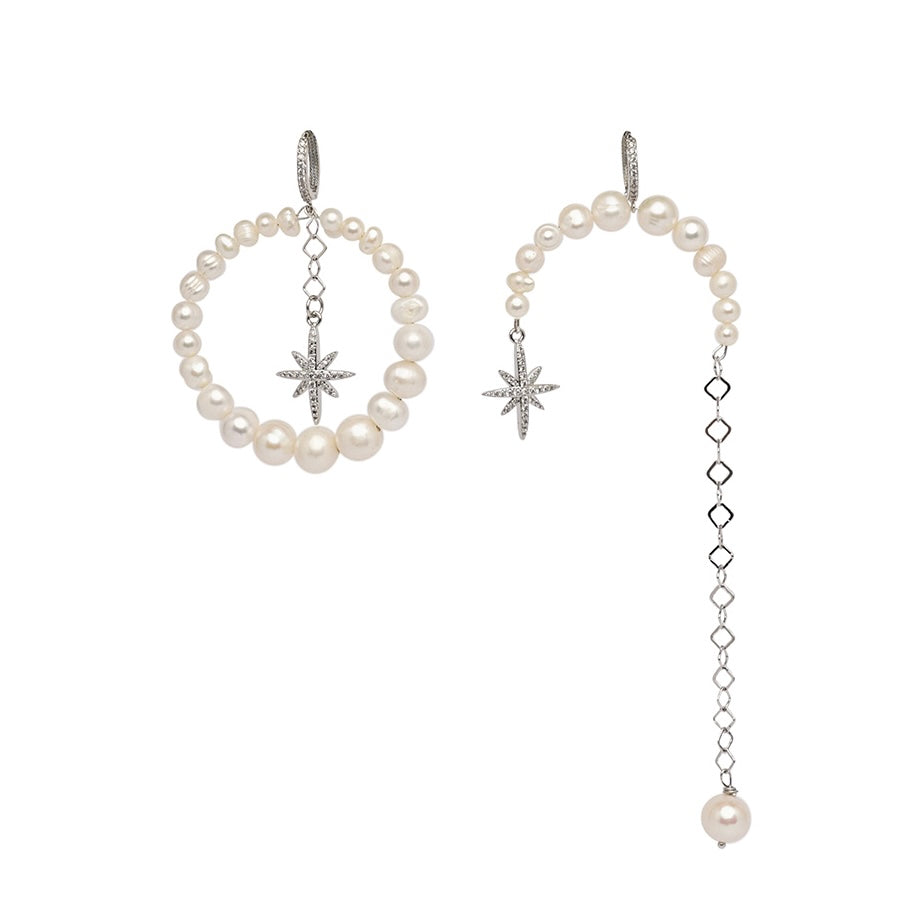 Asymmetrical Pearls Earrings with - Morning Star - Silver | Beauty Matters